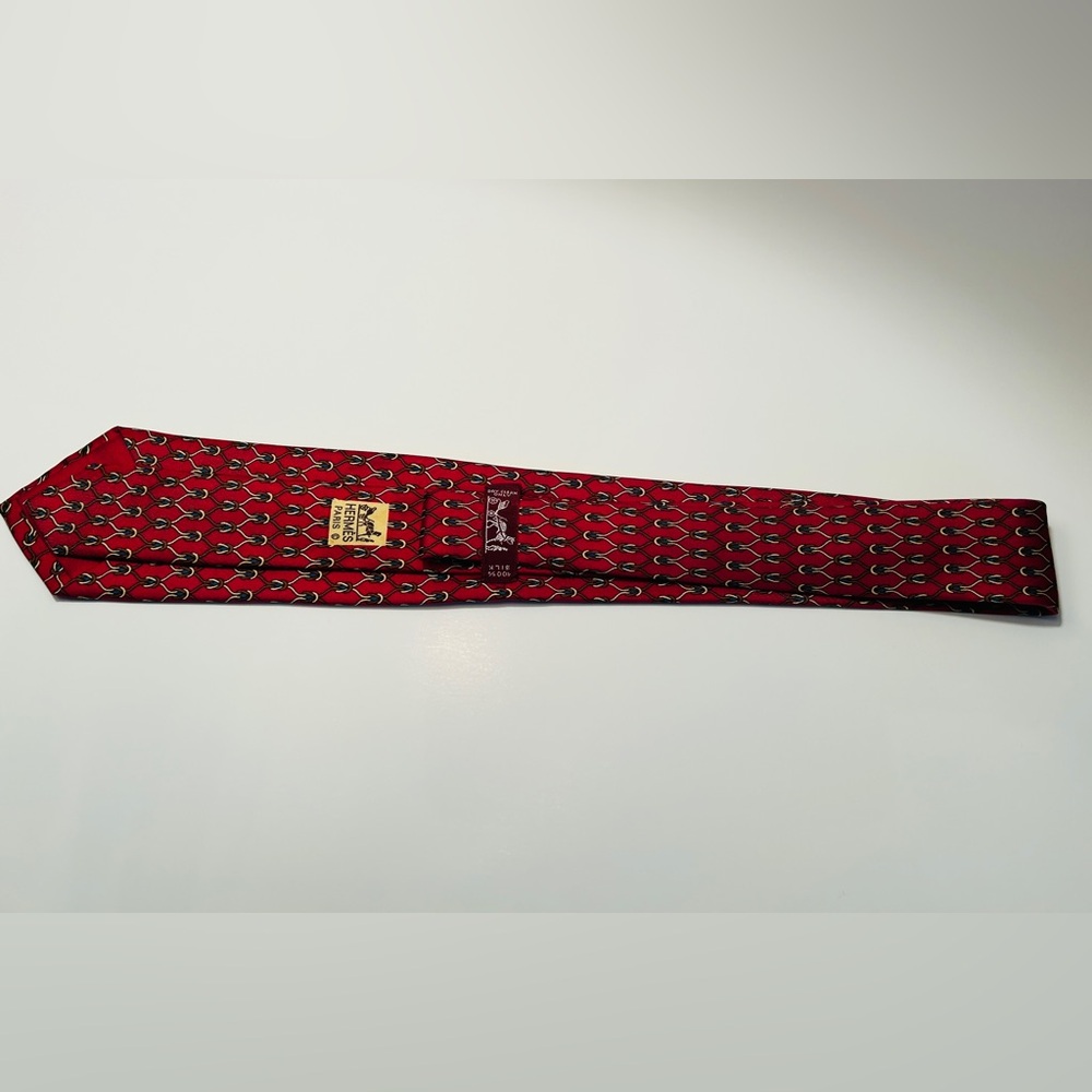 HERMES VINTAGE SILK ROPE & RINGS TIE GRIDS SQUARE BUCKLE RIDING FRANCE RED - Picture 9 of 9